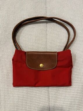 Longchamp Classic Red Shoulder Bag with Brown Leather Flap